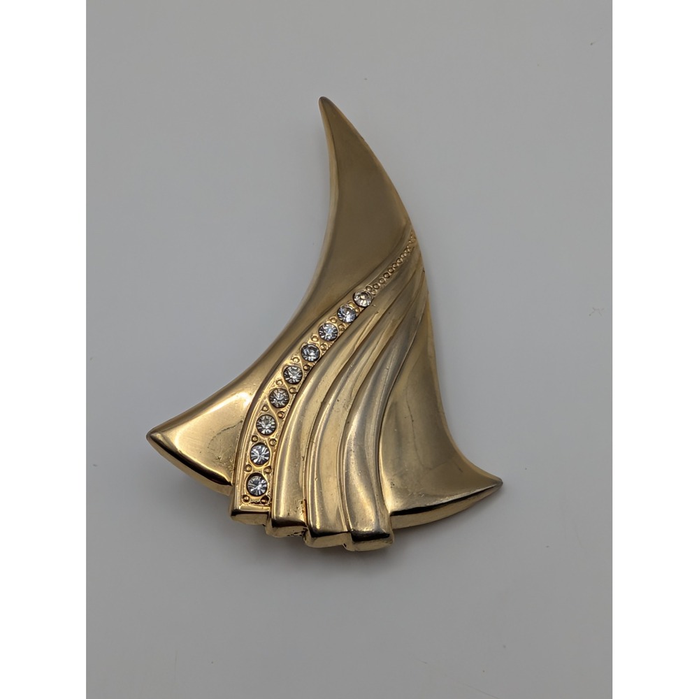 Vintage Gold Tone Rhinestone Sailboat Brooch Pin Abstract Modernist‎ Nautical